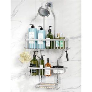 Hanging Shower Caddy Over Shower Head with 10 Hooks for Razor/Sponge Soap Basket